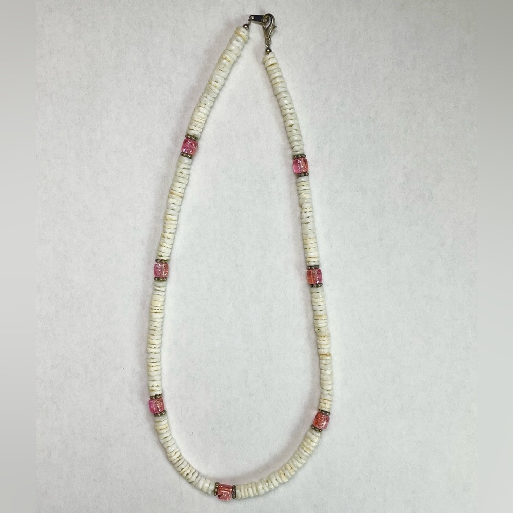 Beach Style White Necklace with Tiny Pink and Silver beads